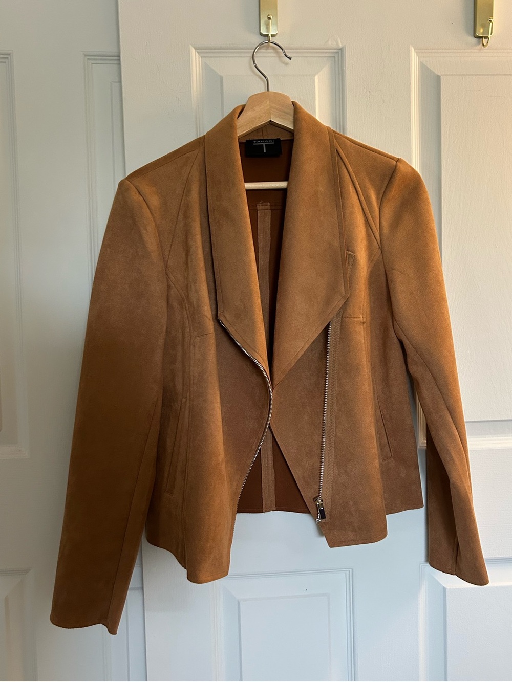 Tahari Cognac Suede Moto Jacket